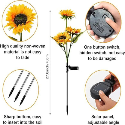 Solar Powered LED Sunflower Garden Lights - IP65 Waterproof Triple-Head Garden Stakes with 36 Micro-LEDs & Auto Dusk-to-Dawn Sensor