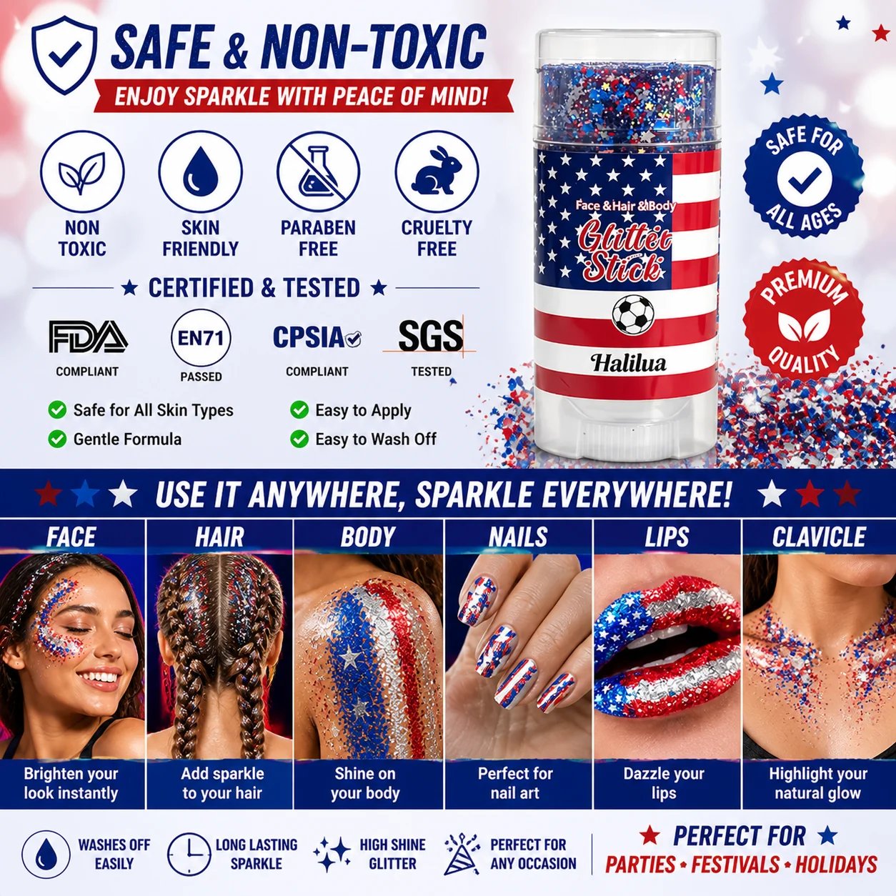🦅4th of July Glitter Stick✨🔔Red, White & Blue Body & Hair Sparkle-CU