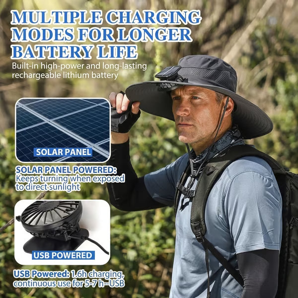 🔥 Wide Brim Solar Fan Outdoor Fishing Hat-Solar & USB Charging-CU