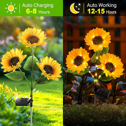 Solar Powered LED Sunflower Garden Lights - IP65 Waterproof Triple-Head Garden Stakes with 36 Micro-LEDs & Auto Dusk-to-Dawn Sensor