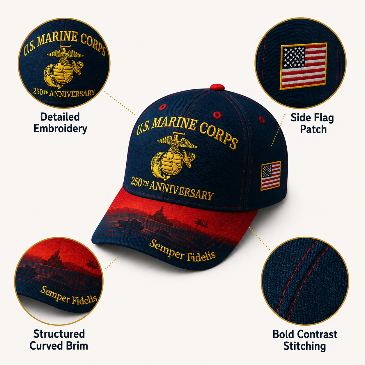 🔥🇺🇸 Limited Edition U.S. Marine Corps 250th Anniversary Commemorative Embroidered Cap ⚓🎖️-CU