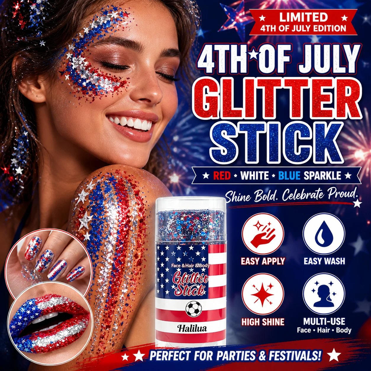 🦅4th of July Glitter Stick✨🔔Red, White & Blue Body & Hair Sparkle-CU